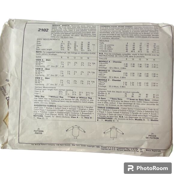 McCalls 2102 Pattern Top Miss 8 80s Button Up Collared Shirttail Hem Pocket - Picture 4 of 5